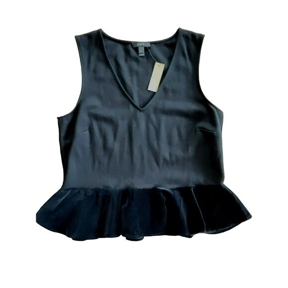J Crew Black Velvet Top Size Medium Ruffle Bottom Women's Peplum Sleeveless NWT - Picture 2 of 4
